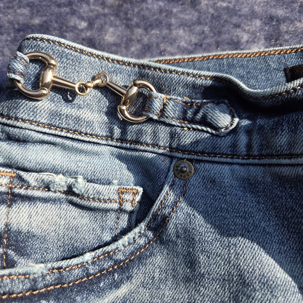 Express High-Rise Blue Denim Jeans with Gold Horsebit Detail